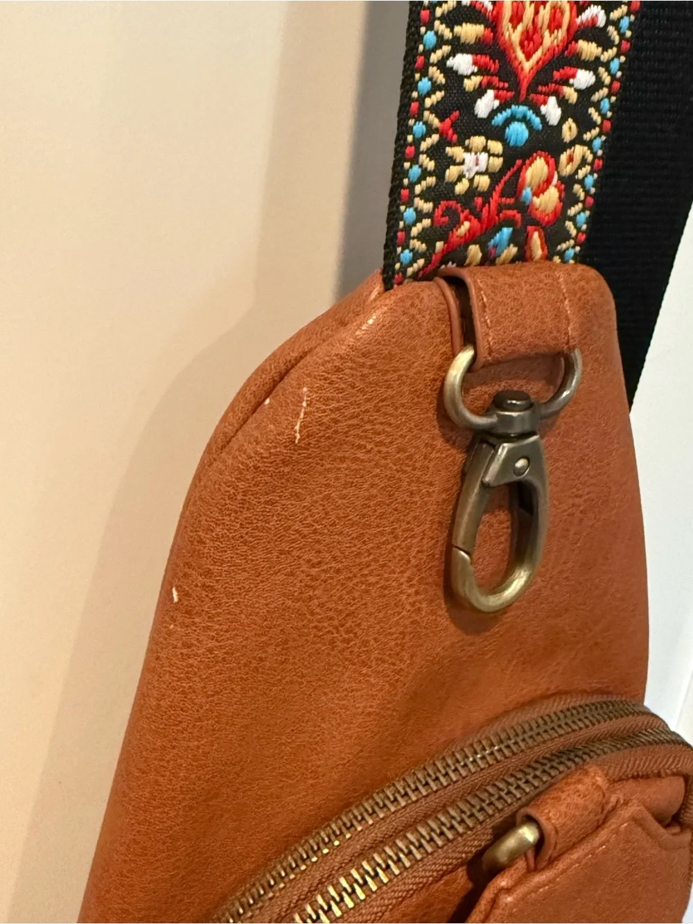 Brown Leather Sling Bag with Patterned Strap - Men